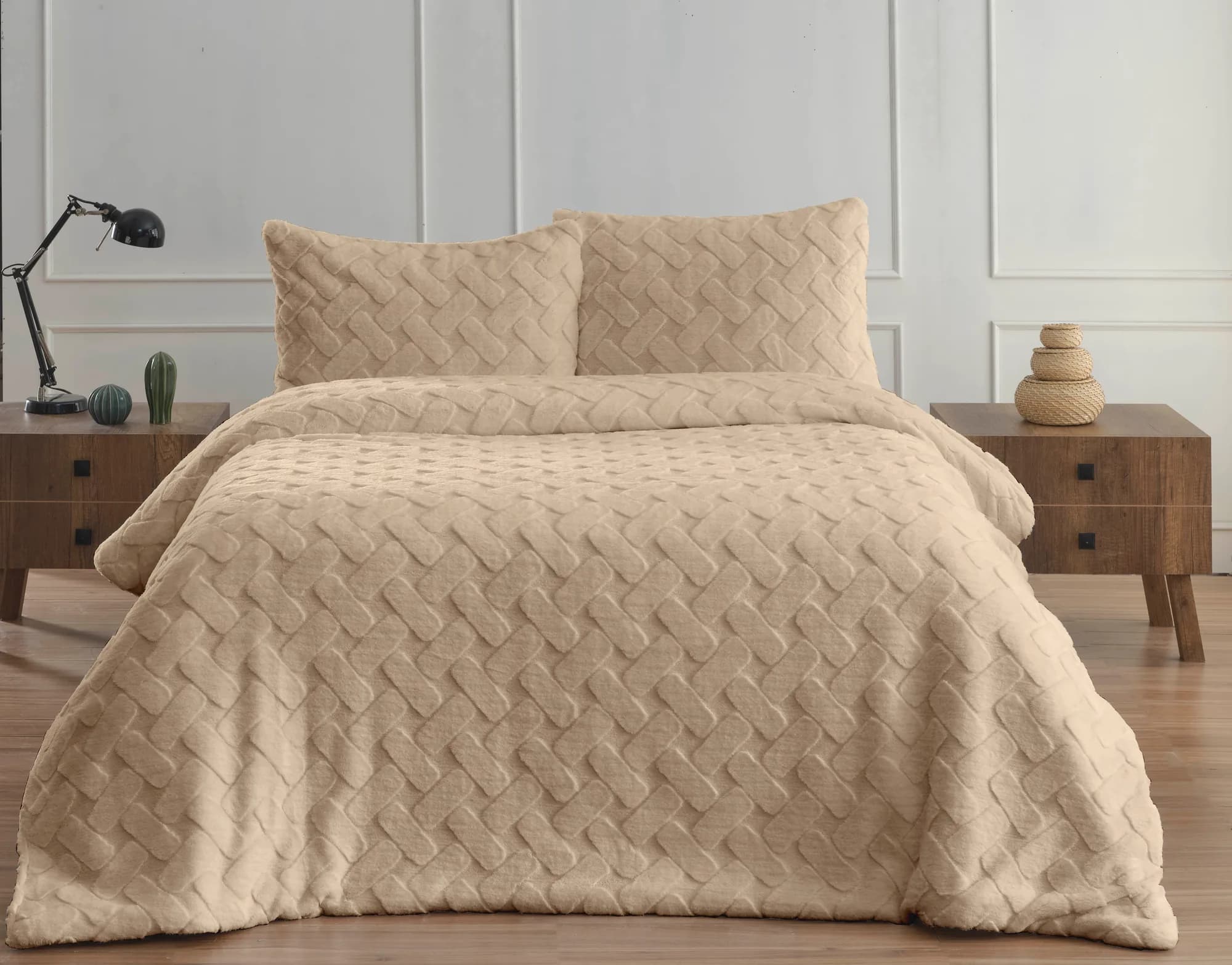 Merinos Diamond 3 Parça Pietra Kürk Comforter Set Koyu Bej