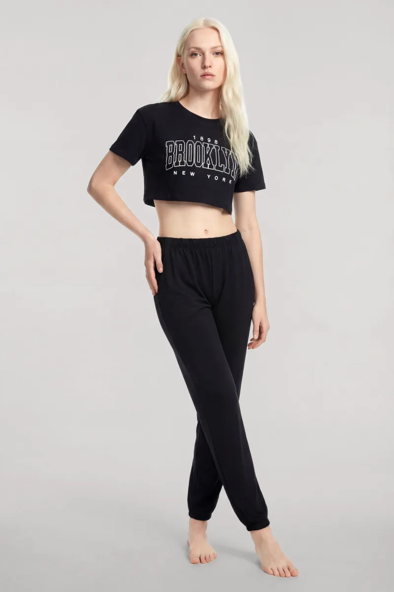 Angelino Crop T-Shirt Pantolon Takım Siyah