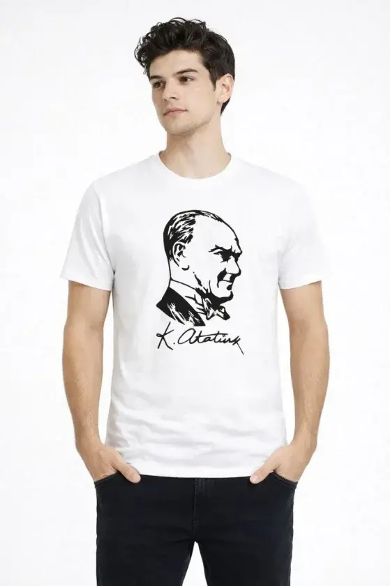 Erkek Atatürk Baskılı Tişört Kısa Kollu Bisiklet Yaka T-Shirt - Beyaz