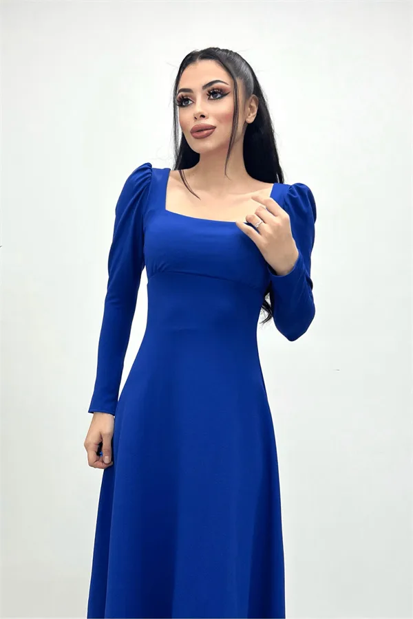 Krep Kumaş Kare Yaka Midi Elbise - Saks Mavisi