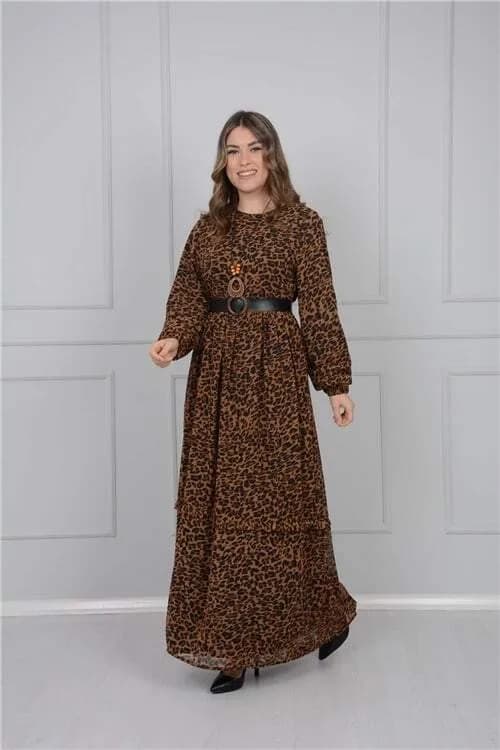 Kolye Detay Leopar Elbise - Kahverengi