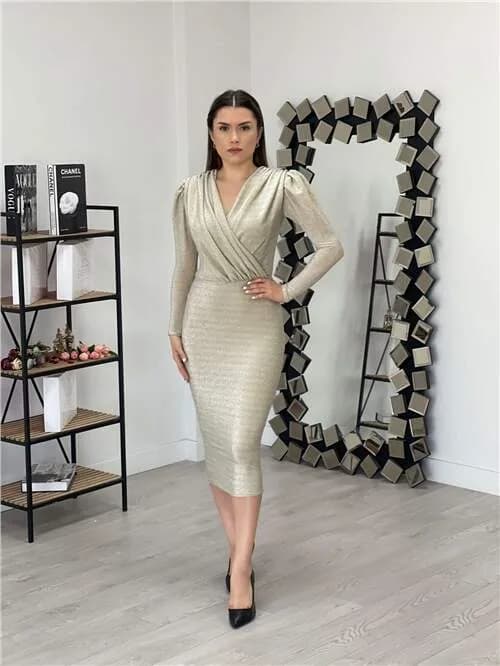 Simli Kalem Elbise - Gold