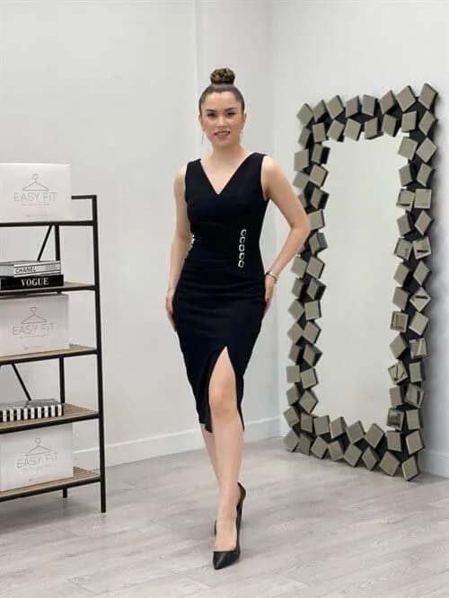 Atlas Kumaş Taş Detaylı Kalem Elbise - SİYAH
