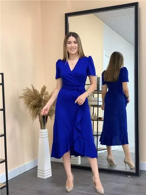 Crep Kumaş Midi Elbise - Saks Mavisi