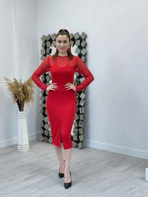 Krep Kumaş Tül Detaylı Kalem Elbise