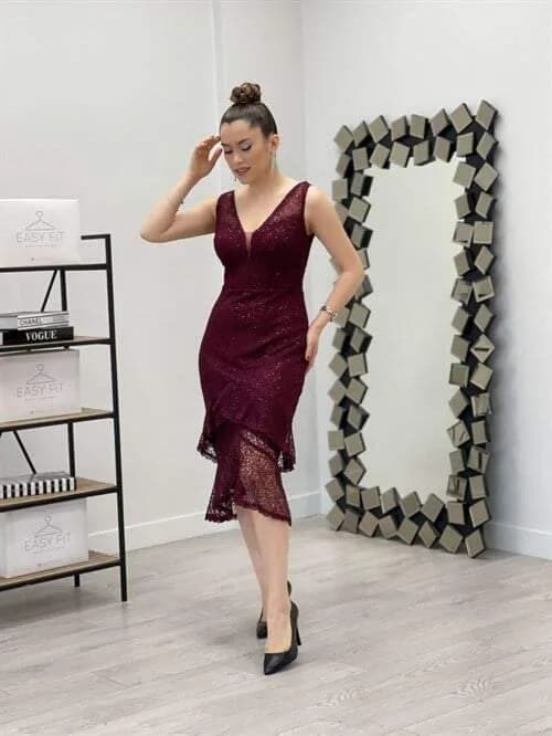 Payet Kumaş Örme Detaylı Volanlı Elbise - BORDO