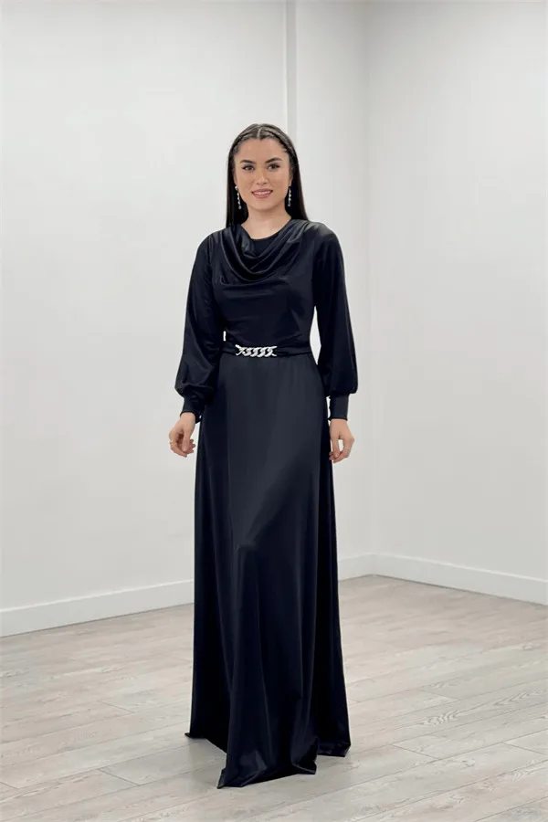 Saten Kumaş Degaje Yaka Abiye Elbise - SİYAH