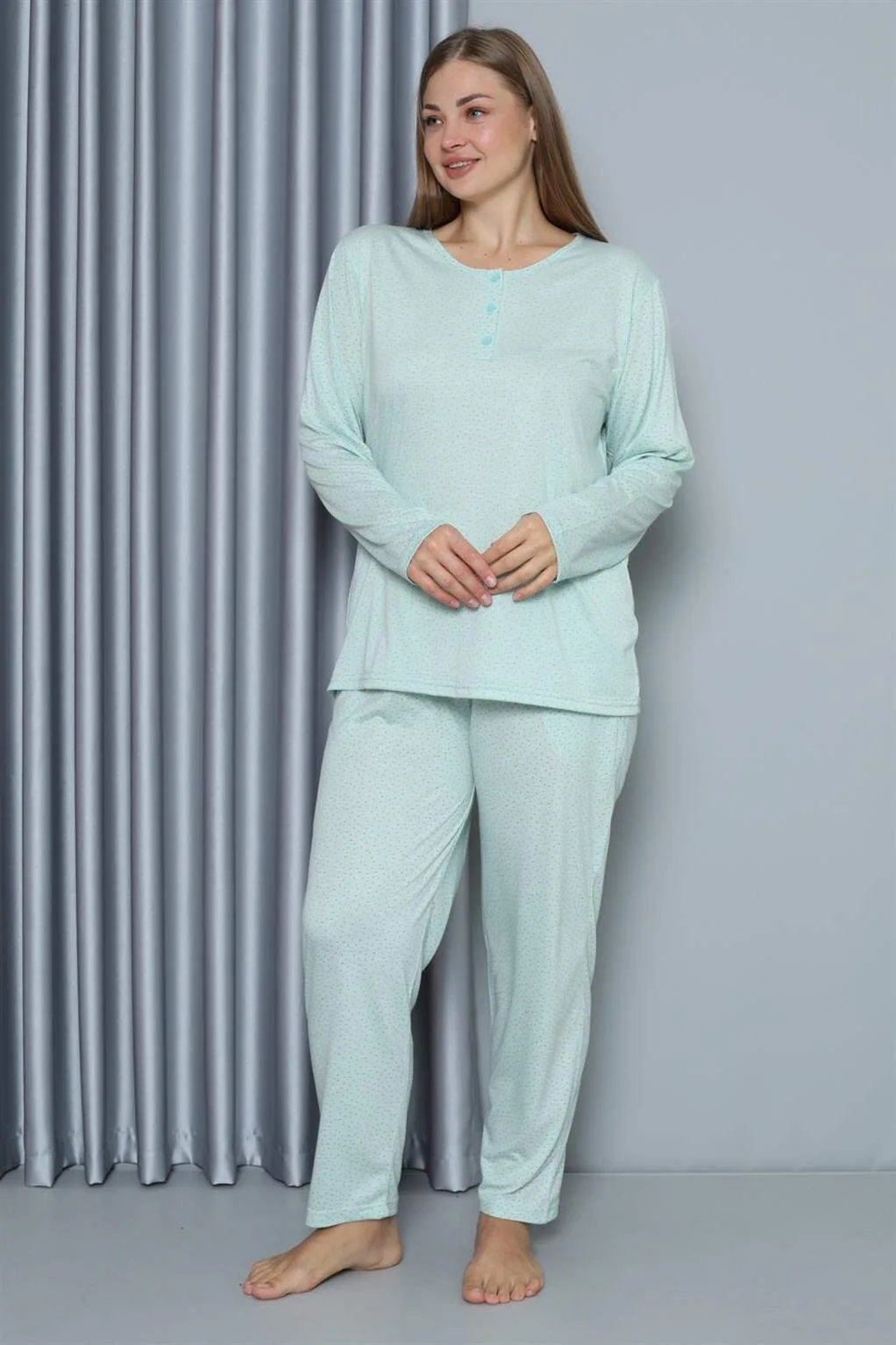 Angelino Kadın Büyük Beden Penye Uzun Kollu Pijama Takımı 202212