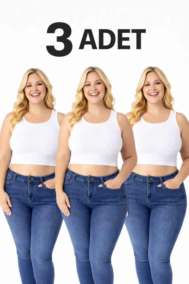 Büyük Beden Çok Esnek Beyaz Kadın Fitilli Crop Kaşkorse Atlet Kalın Askılı Basic 40-50 3 ' lü Paket