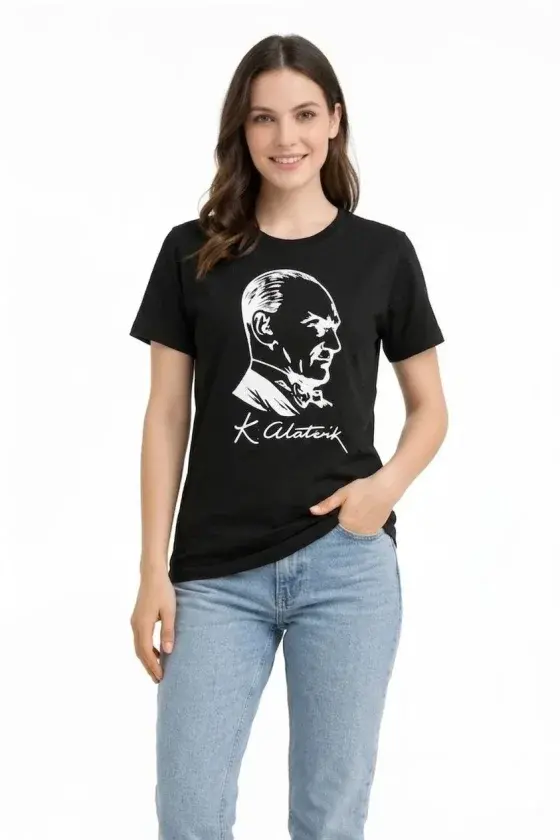 Atatürk Baskılı Tişört Kısa Kollu Bisiklet Yaka T-Shirt