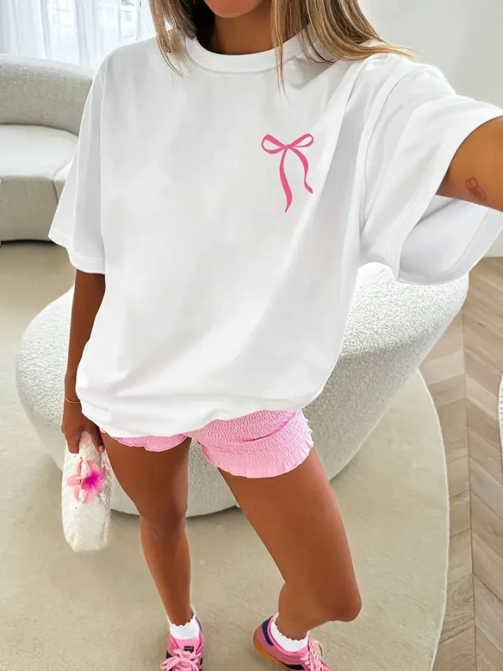 Fiyonk Baskılı Oversize Bisiklet Yaka T-shirt - Beyaz