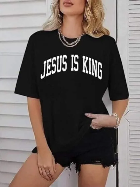 Kadın Bisiklet Yaka Kısa Kol Baskılı T-shirt - Siyah