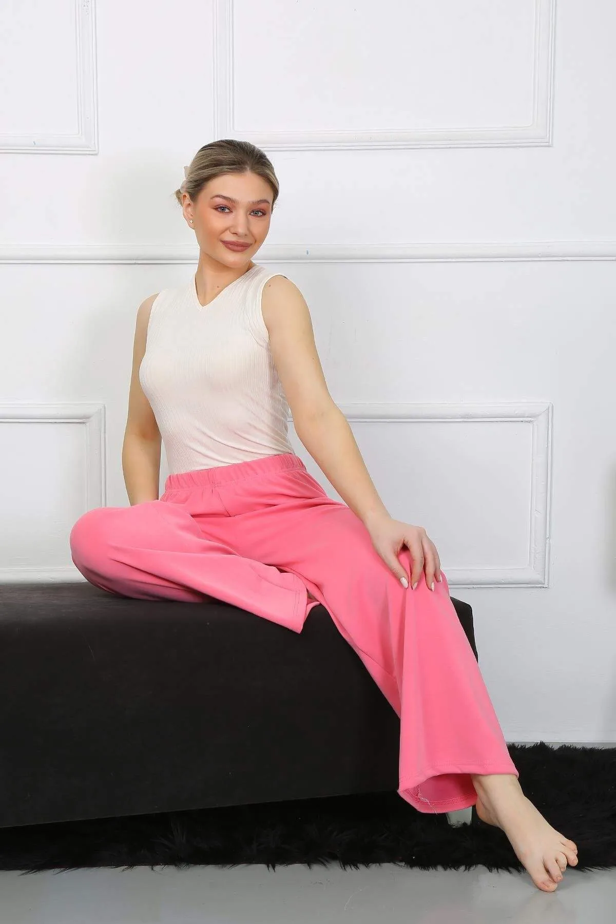 Kadın Bol Paça Penye Pembe Alt Üst Takım 5501