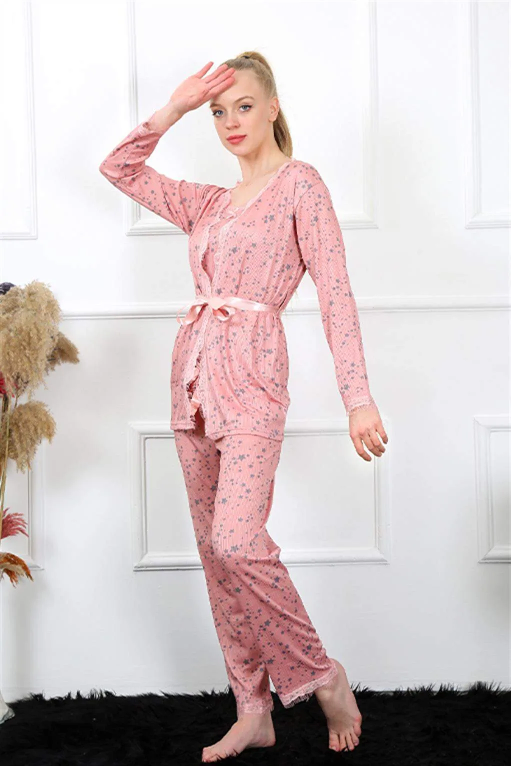 Angelino Kadın 3'lü Gül Kurusu Sabahlık Pijama Takım 16103