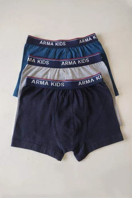 Renkli Erkek Çocuk Düz Boxer 3'lü Paket Pamuklu Likralı