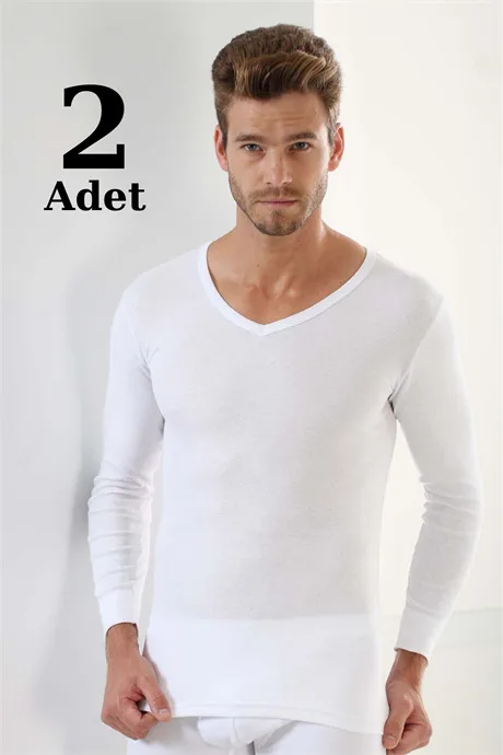 2'li Paket Erkek Badi Uzun Kollu T-Shirt V Yaka Basic %100 Pamuk Ribana