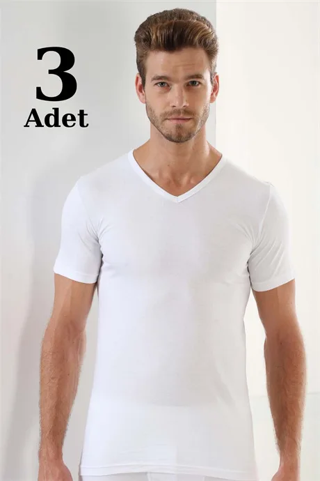 3'lü Paket Erkek V Yaka T-Shirt Kısa Kollu %100 Pamuk