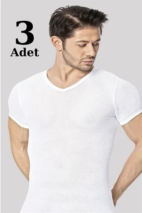 Erkek Fileli Tişört Beyaz V Yaka 3'lü Paket %100 Pamuk