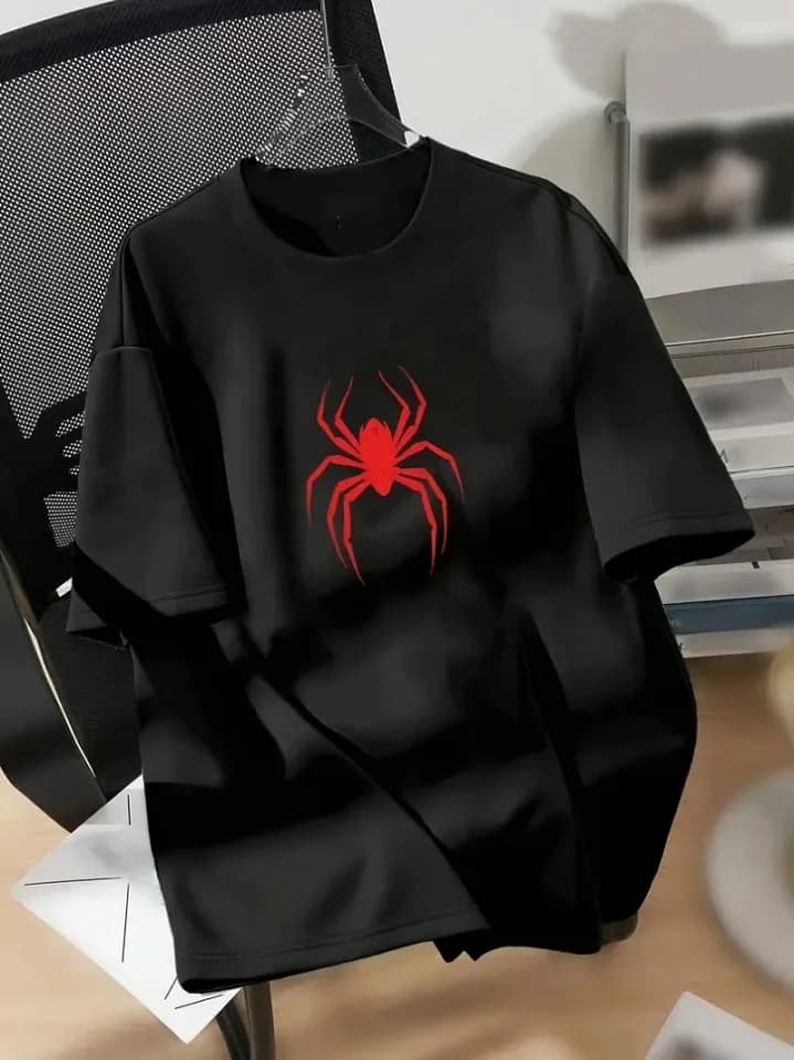 Baskılı Oversize Bisiklet Yaka T-shirt - Siyah