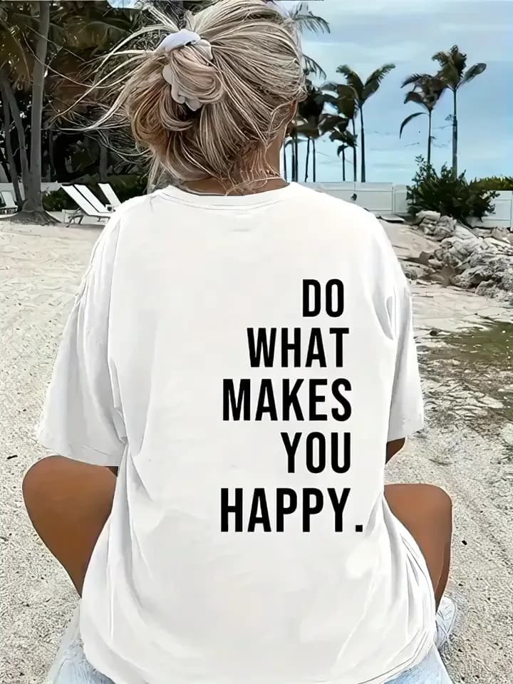 Baskılı Oversize Bisiklet Yaka T-shirt - Beyaz