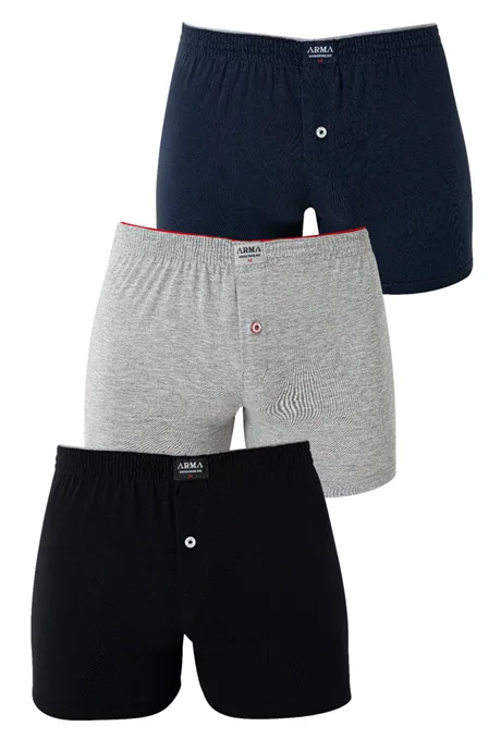 Erkek Karışık Renkli Düğmeli Boxer 3'lü Paket %100 Pamuklu Penye