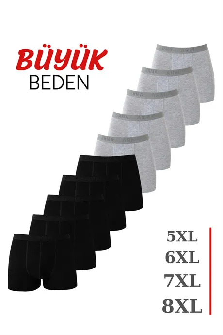 Gri - Siyah 10'lu Paket Büyük Beden Erkek Boxer Pamuklu Likralı