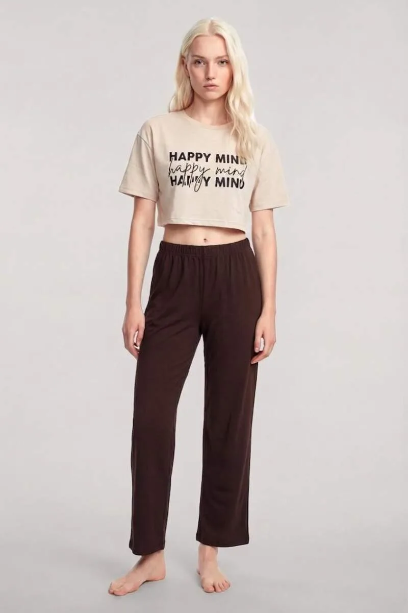Angelino Baskılı Crop T-Shirt Pantolon Takım Kum Kahve
