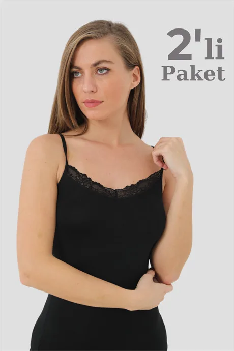 Kadın Bambu Siyah V Yaka İp Askılı Dantelli Atlet 2'li Paket