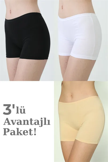 3'lü Paket Kadın Karışık Renkli Boxer Şort Pamuklu Likralı