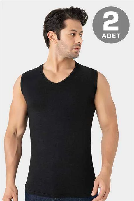 2'li Paket Erkek V Yaka Kolsuz Tişört Atlet Pamuklu Likralı Esnek ve Yumuşak Kumaş