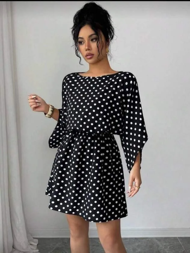 Kadın Puantiyeli örme Krep Mini Elbise (kemersiz)