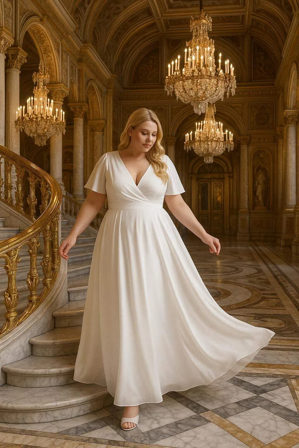 Büyük Beden Kadın Beyaz Pelerin Kollu Kloş Tül Nikah ve Dış Çekim Elbisesi KL3051