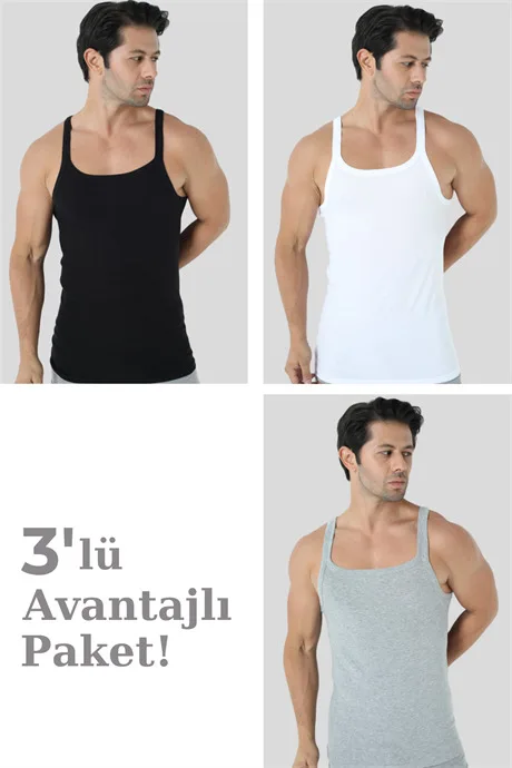 Karışık Renkli Erkek İnce Askılı Atlet %100 Pamuk 3'lü Ekonomik Paket