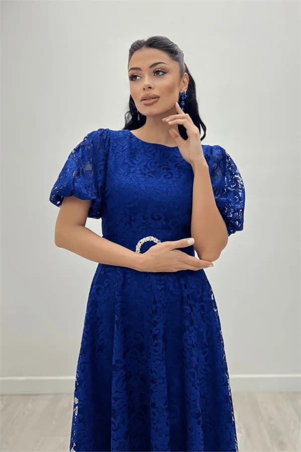 Dantel Kumaş Kolları Balon Kol Maxi Elbise - MAVİ