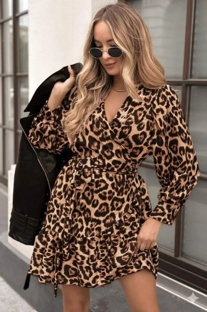 Kadın Uzun Kollu Kruvaze Yakalı Fırfırlı Belden Kuşaklı Leopar Desen Modal Elbise