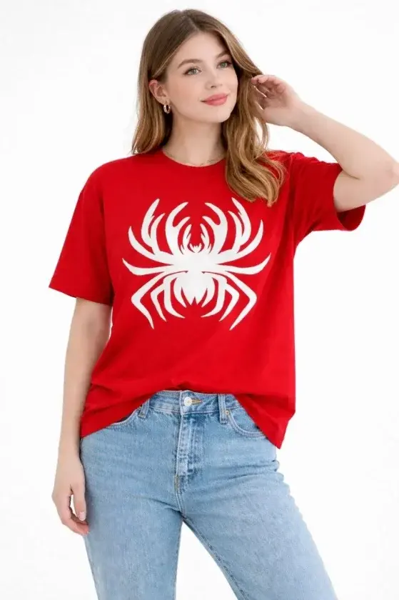 Örümcek Baskılı Tişört Kısa Kollu Bisiklet Yaka T-Shirt