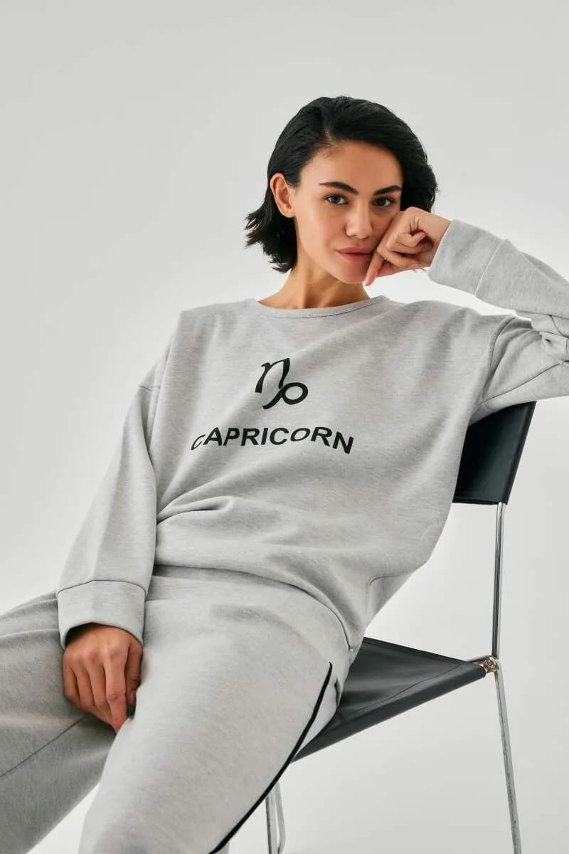 Kadın Gri Oğlak Burcu Oversize 2 İplik Eşofman Ev Giyim Takımı
