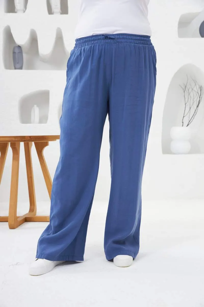 Beli Lastikli Geniş Paça Büyük Beden Pantolon İndigo