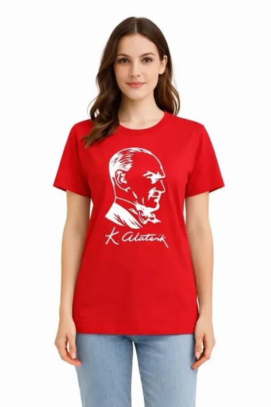 Atatürk Baskılı Tişört Kısa Kollu Bisiklet Yaka T-Shirt - Kırmızı