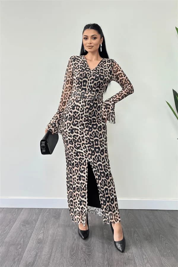 Tül Desenli Kumaş Kolları Volan Detaylı Kalem Elbise - LEOPAR