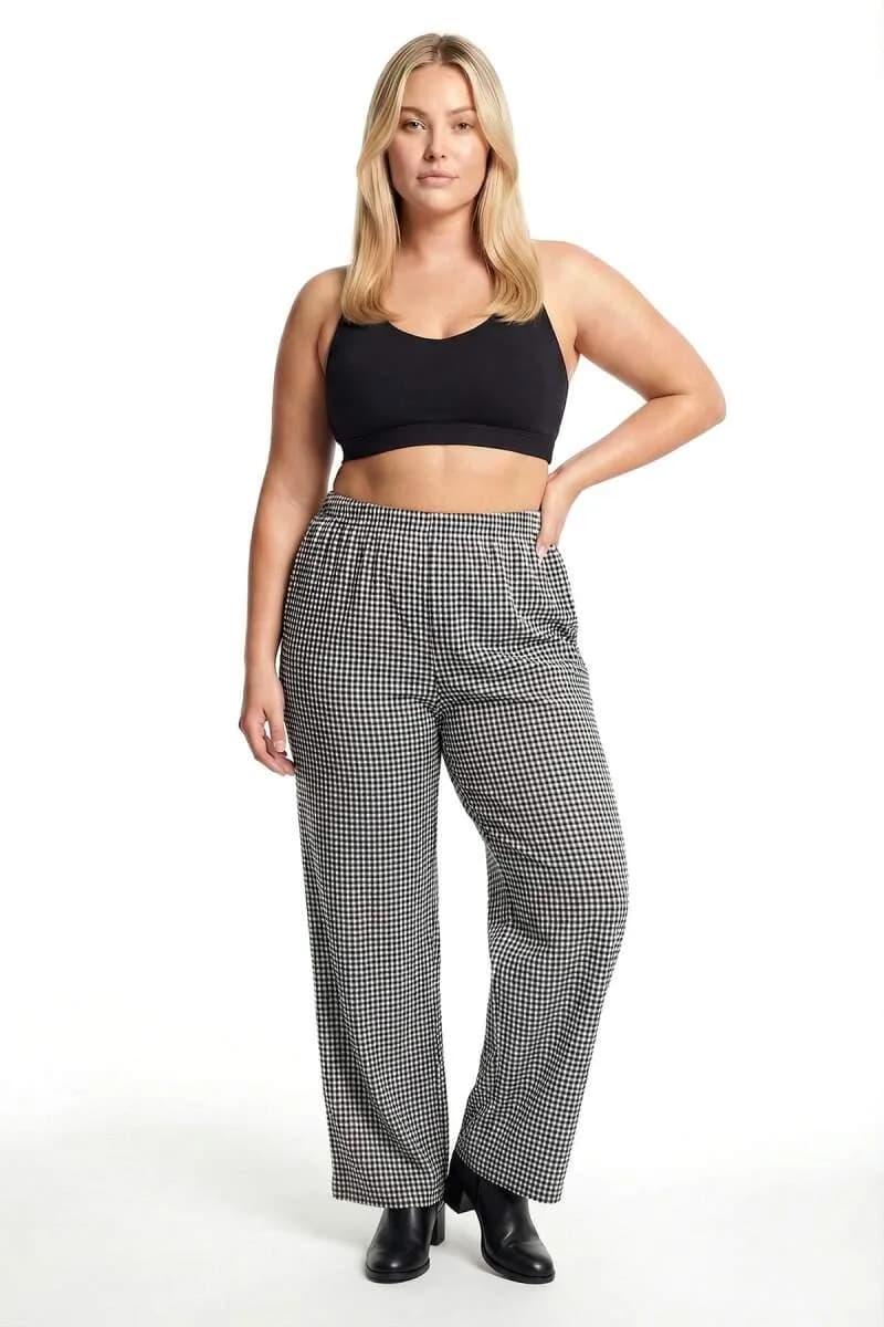 Kadın Siyah-Beyaz Kareli Büyük Beden Cepli Pijama Altı