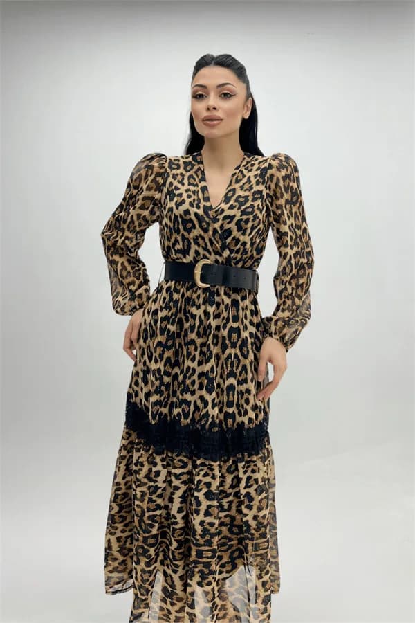 Şifon Kumaş Leopar Desenli Midi Elbise - LEOPAR