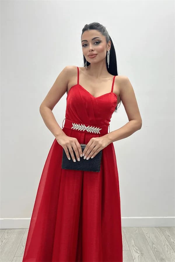 Organze Dalya Kumaş Prenses Elbise - KIRMIZI