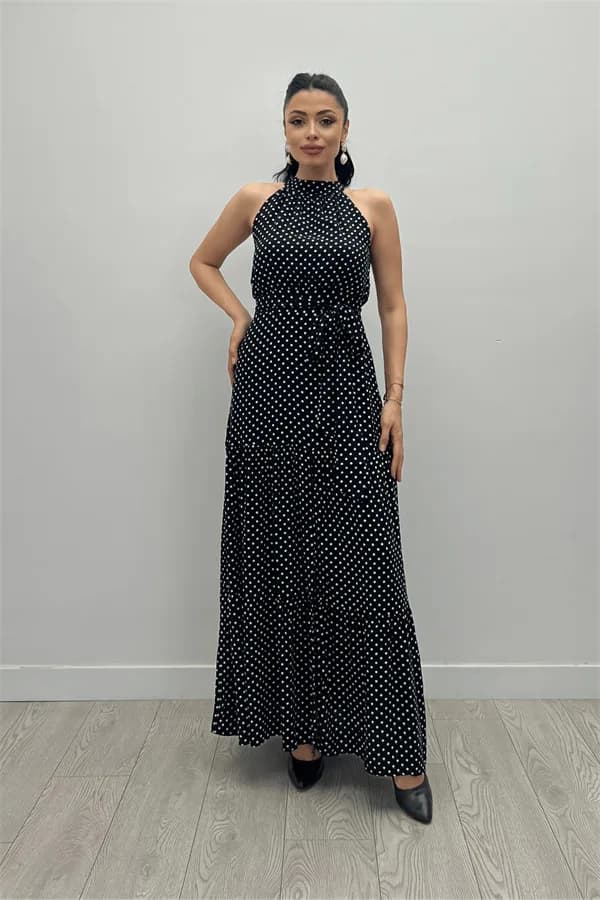 Viskon Kumaş Puantiye Desenli Maxi Elbise - SİYAH