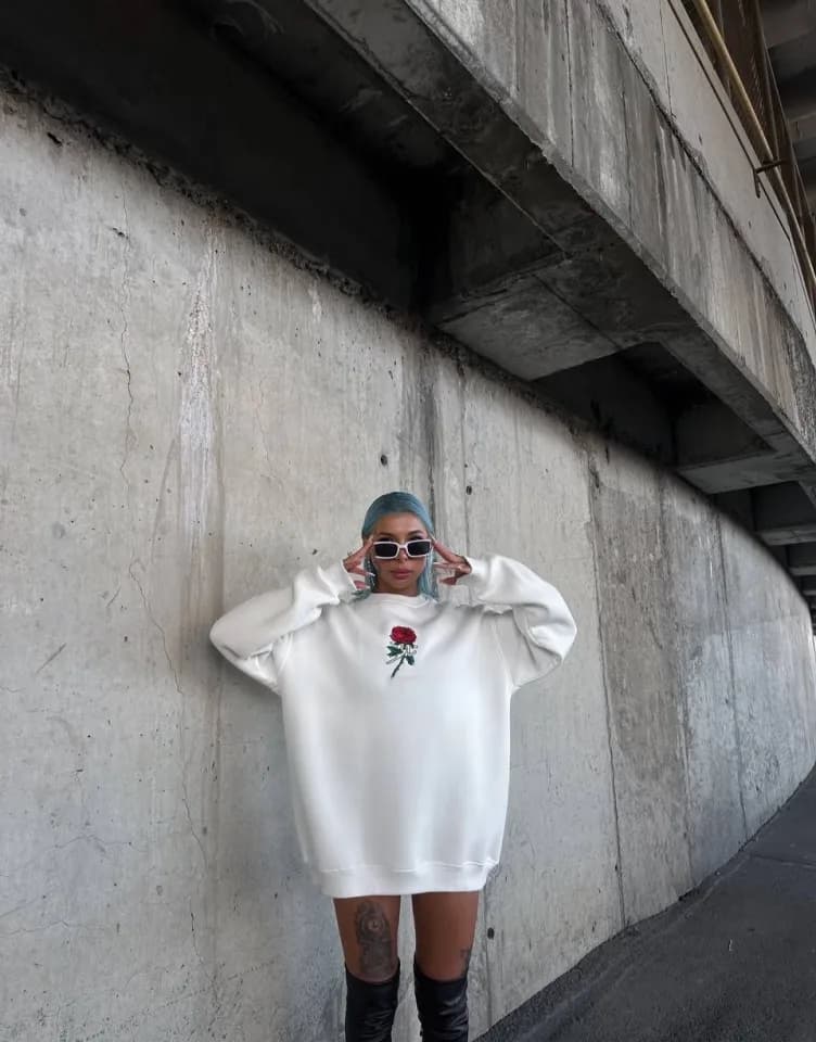Oversize Üç İplik Bisiklet Yaka Baskılı SweatShirt