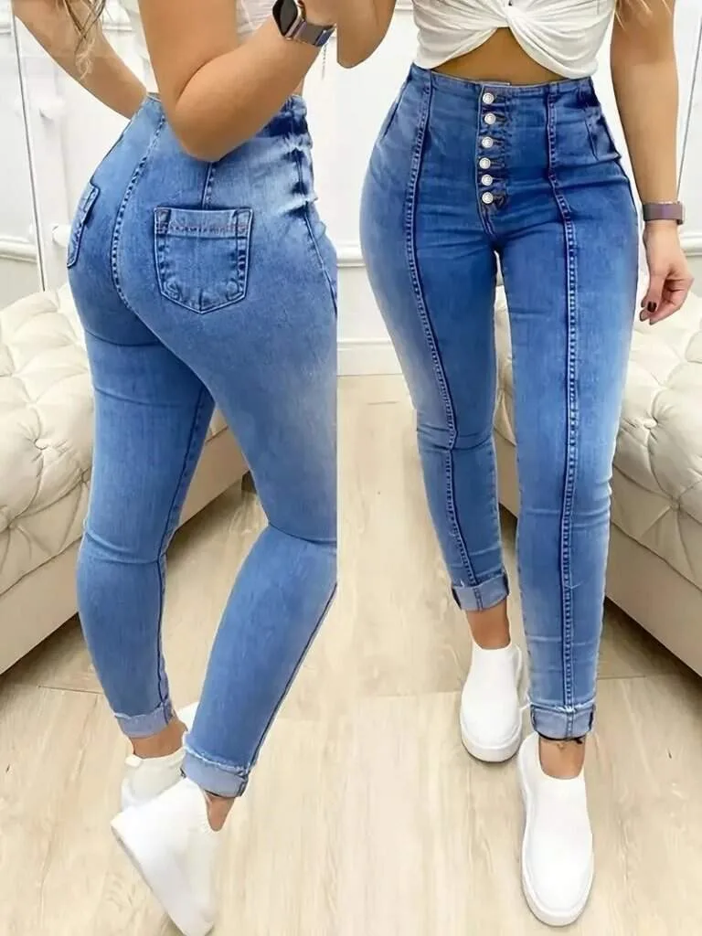 Kadın Yüksek Bel Önden Düğmeli Jean Pantolon