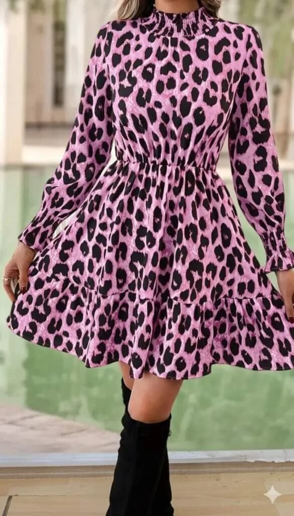 Kadın Uzun Kollu Yarı Balıkçı Yaka Leopar Desenli Modal Mini Elbise