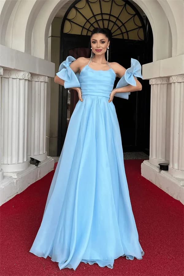 Organze Kumaş Sırtı İpli Tasarım Elbise - BEBE MAVİSİ