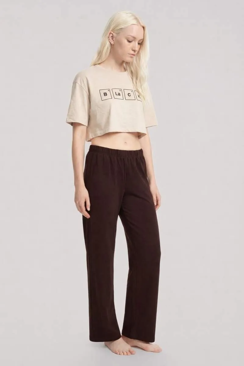 Angelino Baskılı Crop T-Shirt Pantolon Takım Kum Kahve