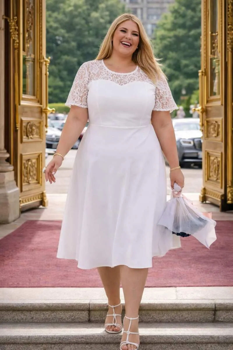Büyük Beden Beyaz Güpür Detaylı Rahat Kollu Kısa Nikah Elbisesi (40–62) KL3045